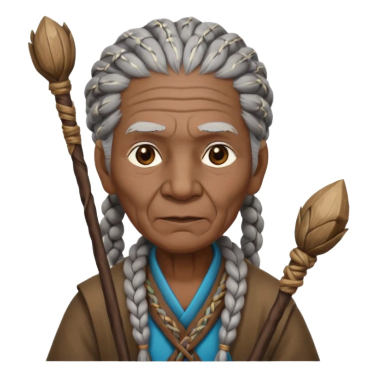 An elderly tribal leader with gray braids, wooden staff, and warm wise eyes.
 sticker