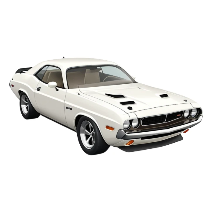 Sleek white 1971 Dodge Challenger, simplified design, complete white color scheme, slight angle showing front and side, detailed but minimalist, iOS emoji style sticker