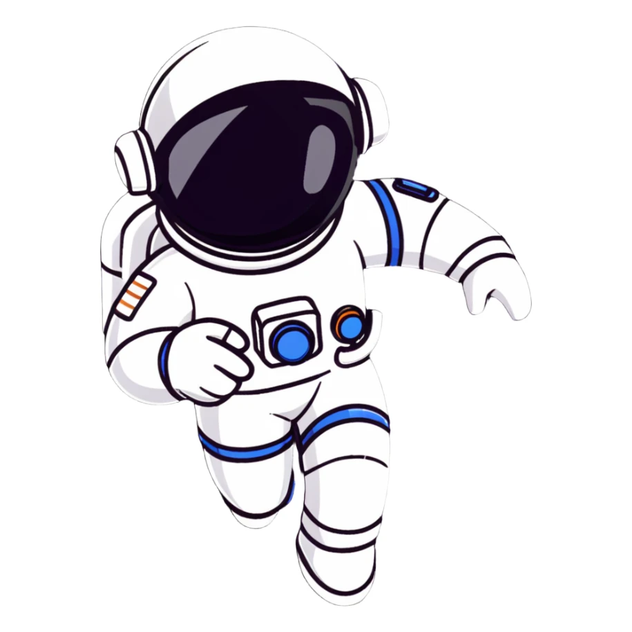 Futuristic astronaut in a high-tech spacesuit, sleek helmet with reflective visor, detailed sci-fi armor, heroic silhouette, dynamic diagonal motion lines sticker
