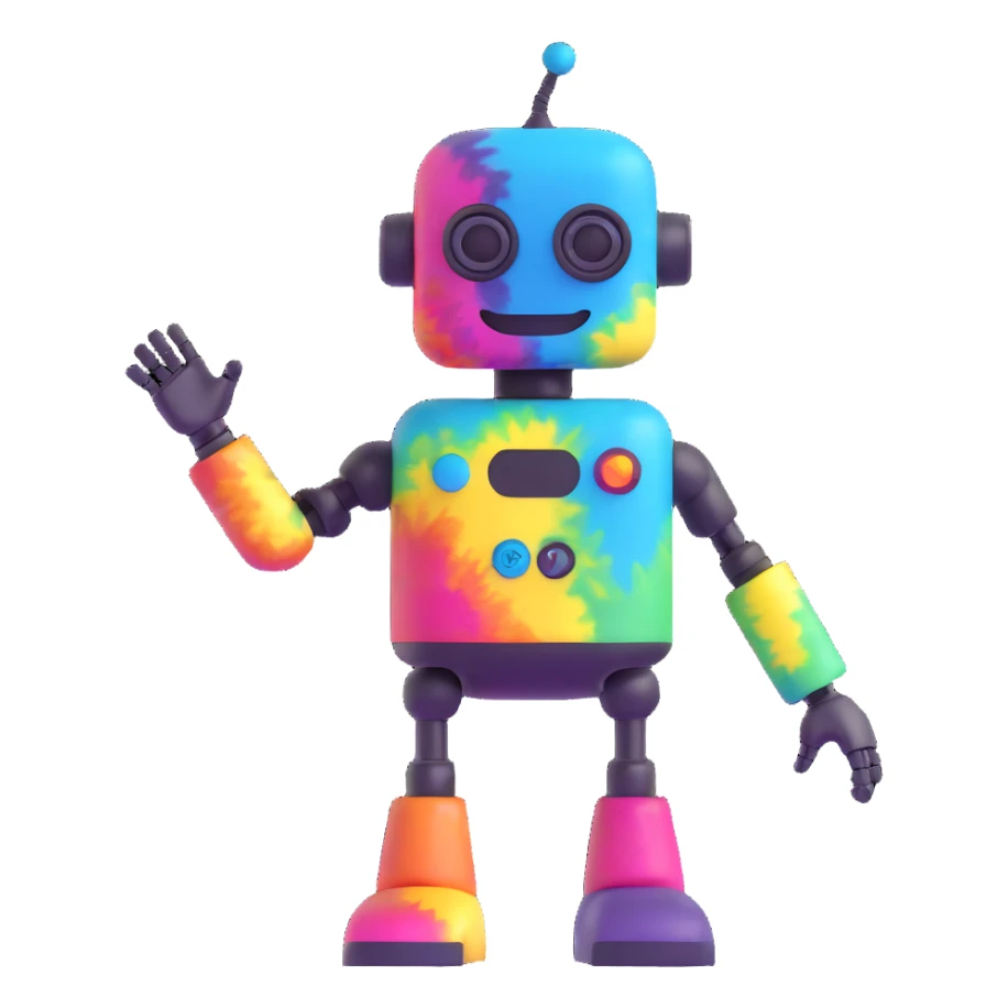 hippie robot with tie-dye shirt and smile sticker