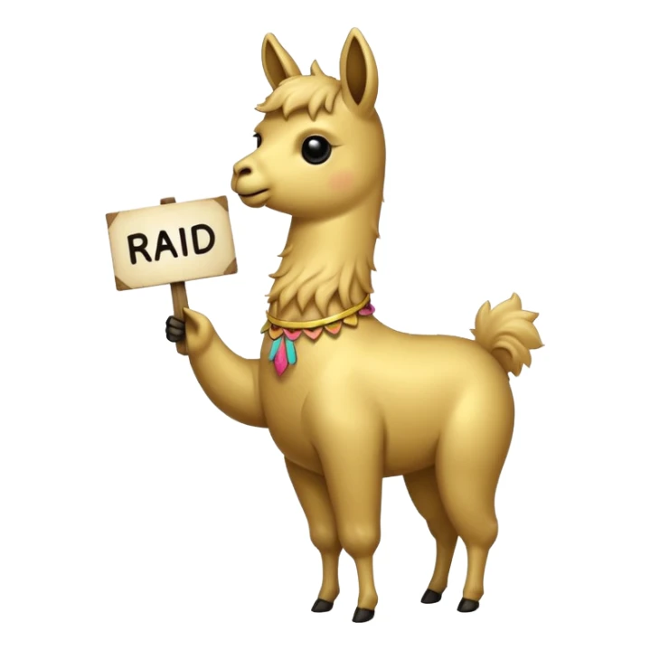 A small golden llama silhouette holding a sign in its mouth that says RAID sticker