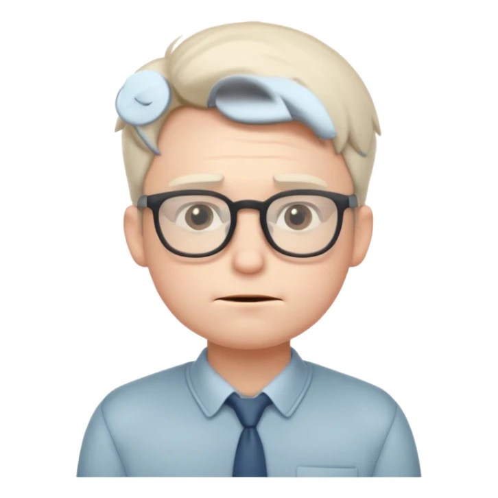 A small, timid-looking cartoon male character with pale skin, glasses, slightly nervous posture, blushing cheeks, subtle nerdy attire, soft color palette, stylized as a cute, minimalist emoji icon. sticker