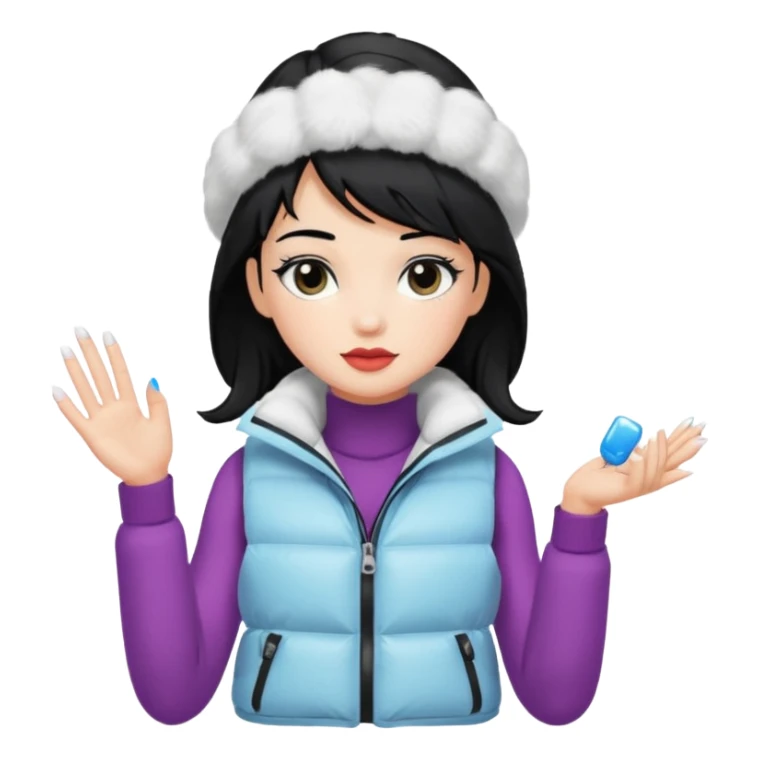 girl with black hair in a white puffer vest with nails sticker