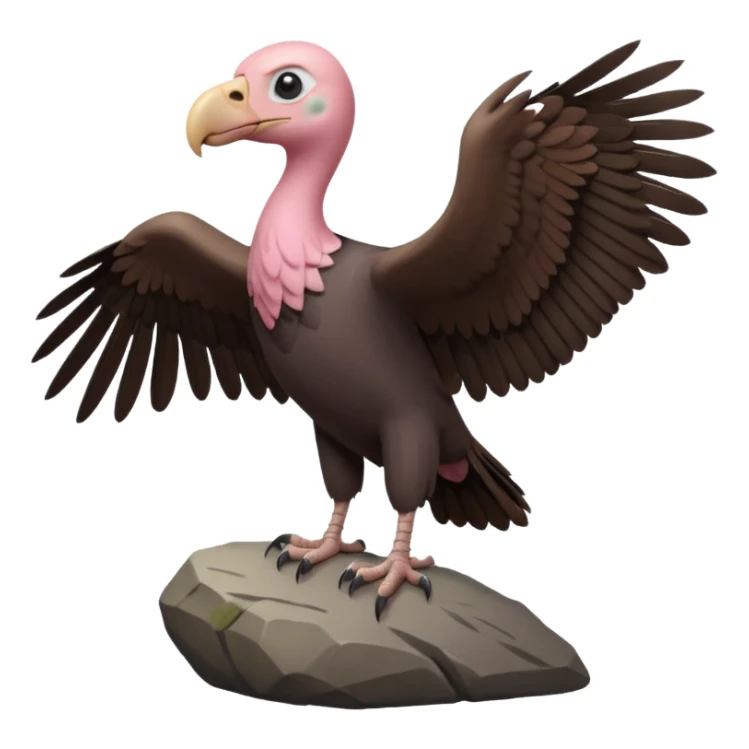 a vulture — large bird with dark brown feathers, bald pinkish head, curved beak and sharp eyes — standing proudly on a rock — wings slightly open — realistic yet cute cartoon emoji look, clean lighting, soft shadows. sticker