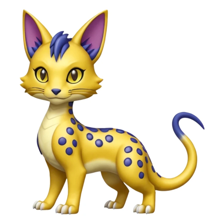 Golden-mustard-beige-yellow-gradients-colored, with black rosette-spots, scaley Bastet-Liepard-Noibat-Gatomon-Garchomp-Digimon-Fakémon-Pokémon-creature (full body) sticker