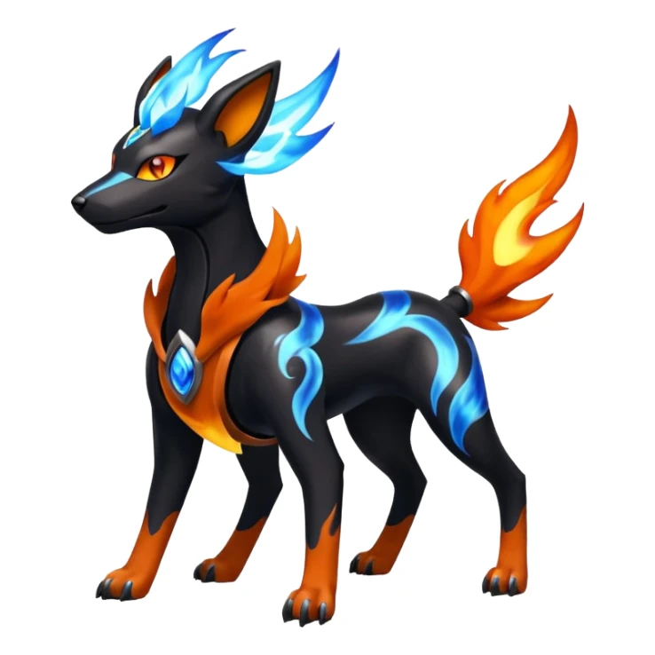 Fiery black and white blue flames solarpunky elemental colorful hot will-o-wispy Houndoom-Torracat-Genesect-Pokémon-Fakémon-hybrid-creature sticker