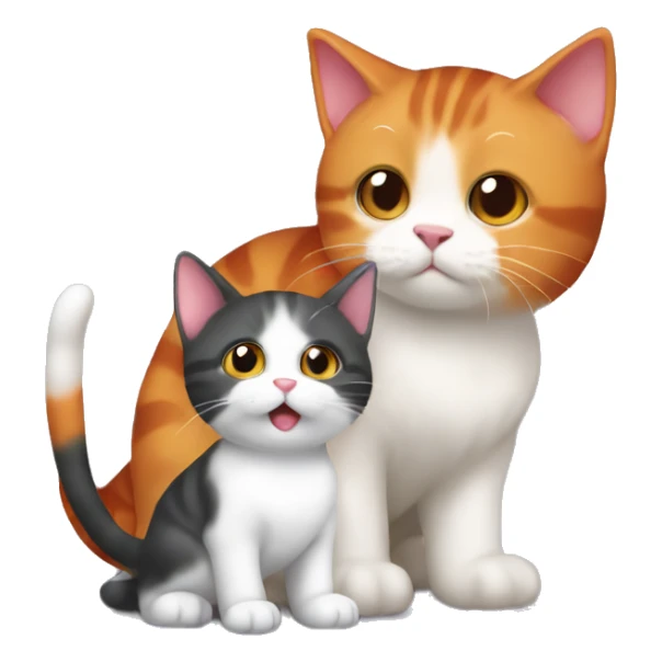 A small tricolour cat playing with a big red cat sticker