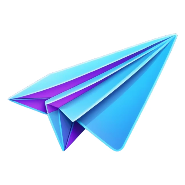 Telegram paper airplane logo in classic blue color, with neon glow lines, blue neon glow on top left, purple neon glow on bottom right sticker