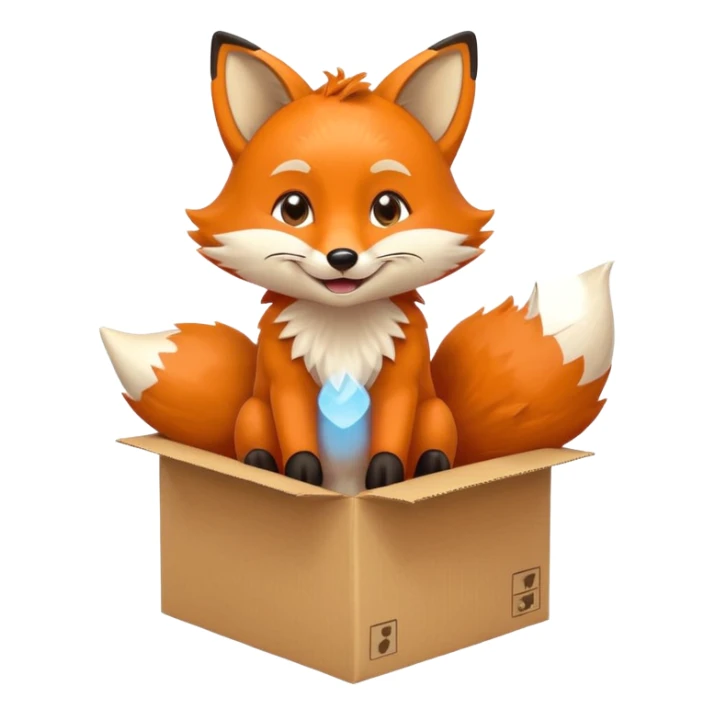 cheerful fox sitting in a box, looking up playfully, emoji style sticker