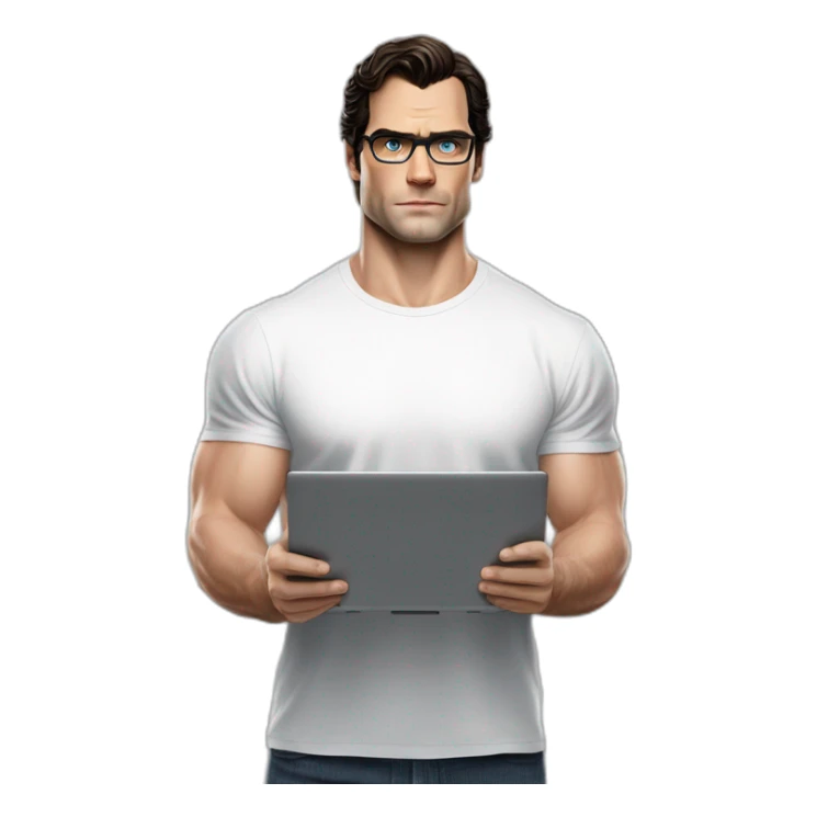 front view of henry cavill clark kent wearing white t-shirt using a laptop sticker