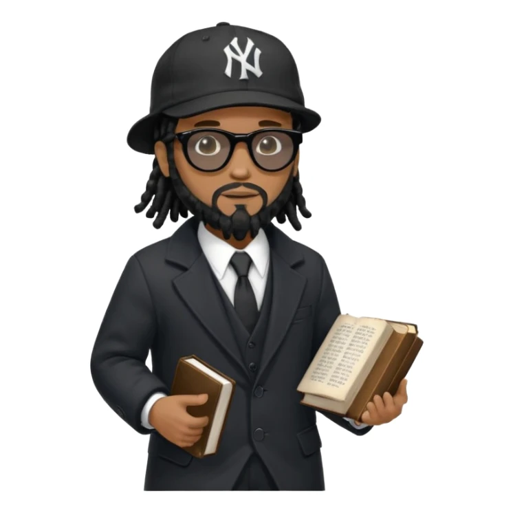 African American man with shoulder length black dreadlocks with black beard wearing black sunglasses wearing a black bubble winter coat wearing a black New York Yankees logo baseball cap wearing a suit and tie walking with a Bible sticker