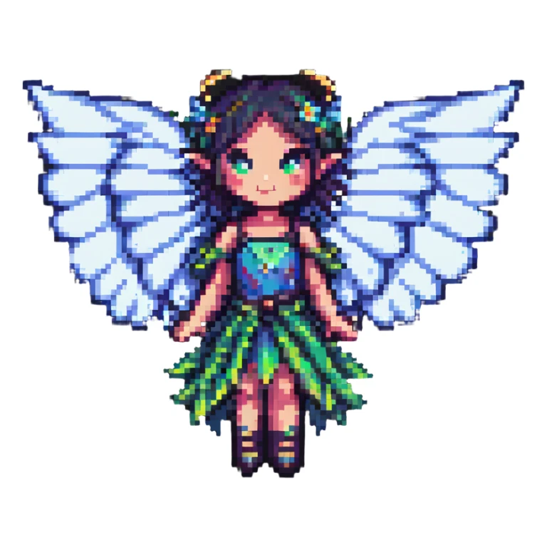 cute and magical fairy with wings in pixel art style sticker