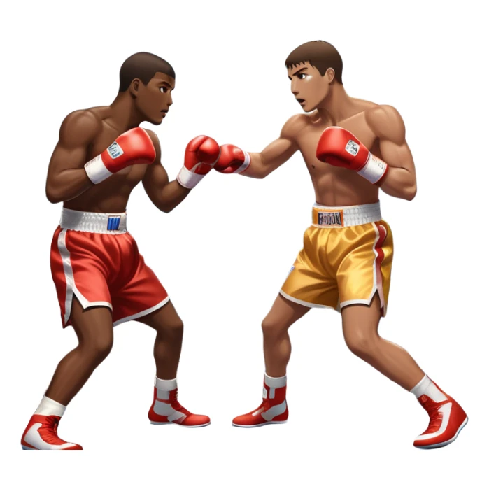 Two professional boxers in the ring, fighting for the world champion title. One delivers a long punch to the head, while the other skillfully dodges. The background features a crowded arena with bright lights and intense action. Transparent background sticker