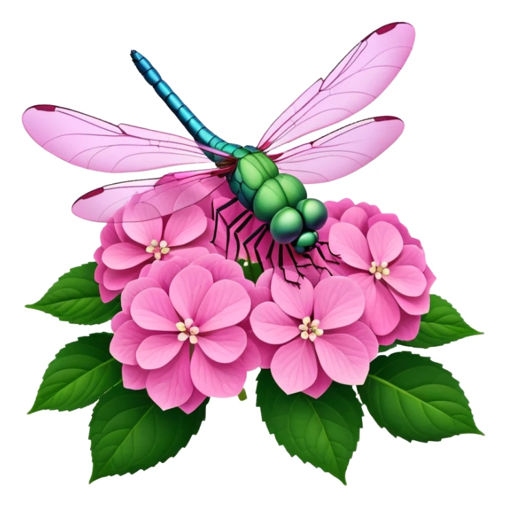 3D Realistic Still life bright pink detailed Hydrangea macrophylla, green leaves, detailed wings, dragonfly resting  sticker