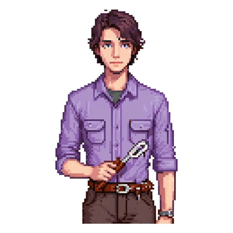 Focused male tinkerer, Caucasian features, short dark brown hair, sharp gray eyes, neutral expression, wearing violet work shirt with rolled-up sleeves, holding a small wrench in one hand, waist-up, front-facing sticker