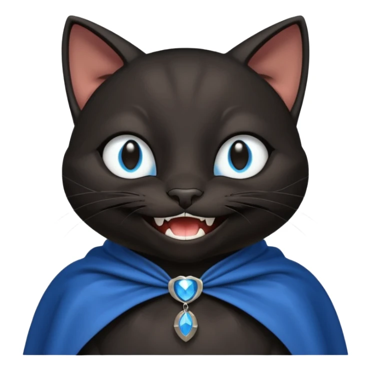 an all black anthropomorphic cat with blue eyes wears an all black cape and is smiling a mischievous sharp tooth grin sticker