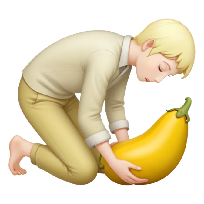 yellow eggplant connected to pregnant person, bowing person facing sideways sticker