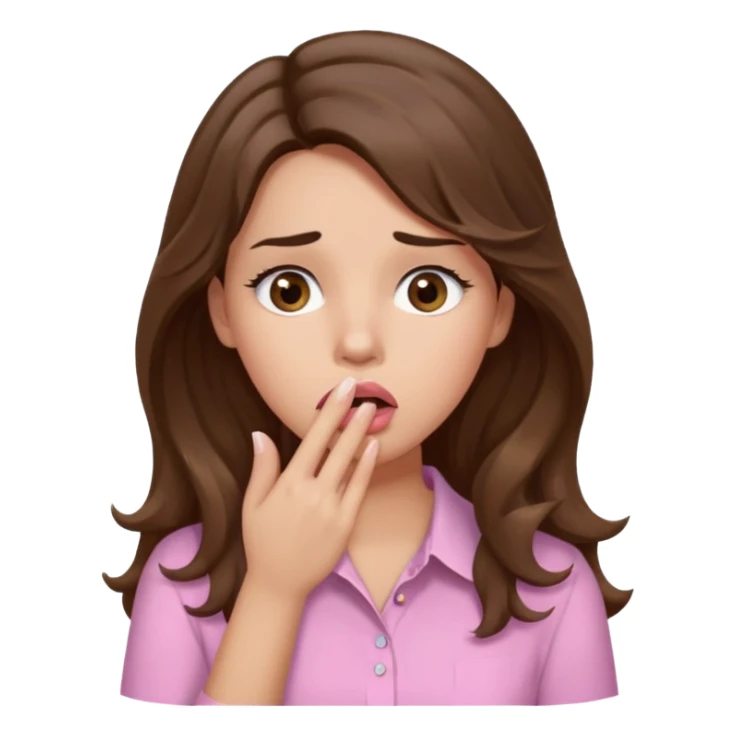 girl with wavy long brown hair, brown eyes, light to medium complexion, long lashes, light pink lipstick, wearing light pink shirt, sexy, hand covering mouth sticker