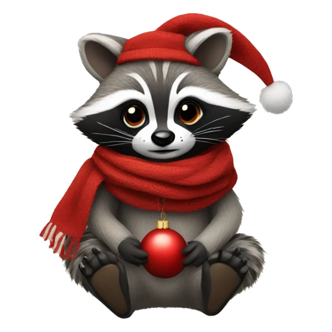 Raccoon with a scarf on holding a red ornament  sticker