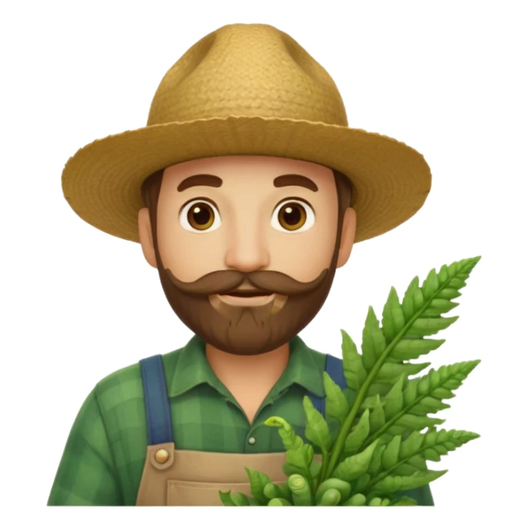 farmer emoji in classic apple style, same outfit and hat as original 🧑‍🌾, holding a leafy bunch of fiddlehead ferns, light moustache and beard, facial features inspired by reference photo, happy expression sticker