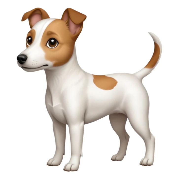a full body white jack russel looking dog the size of a kelpie with light brown ears and a light brown patch on one eye, flopped down ears and a large snout sticker