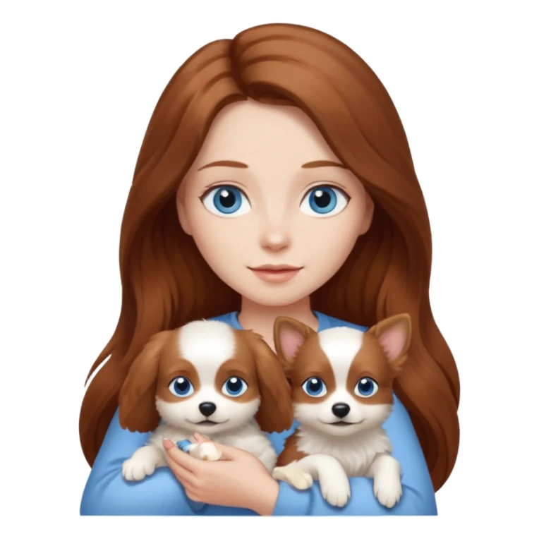 long hair chestnut color blue eyes woman holding small white dog sticker