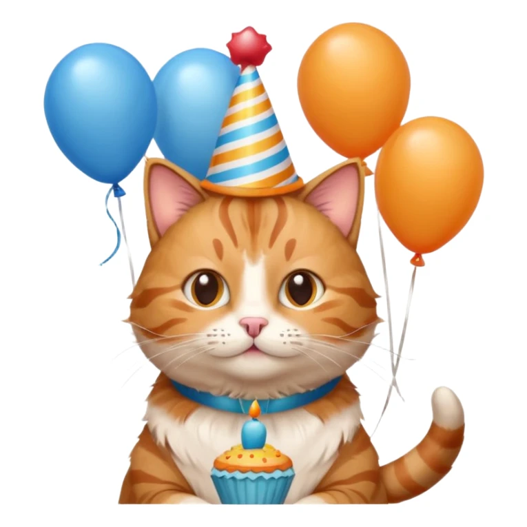 has al gatito tom con globos, un cono de fiesta y un pastel sticker