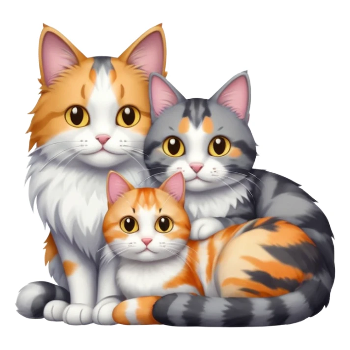 big grey and white cat cuddling a colourful light patched calico + white tabby cat sticker