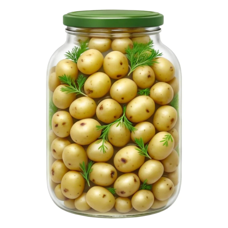 A round jar of small pickled potatoes with sprigs of dill floating inside.









 sticker
