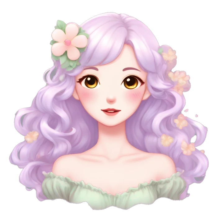 Gorgeous pastel anime style lady with blushing face and flower petals cottagecore fairycore pastelcore shiny colorful pearly petite simplistic aesthetic trending style sticker