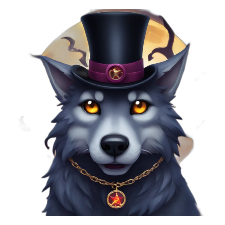 demonic wolf with a pentagram top hat and a pentagram chain with a haunting night background sticker