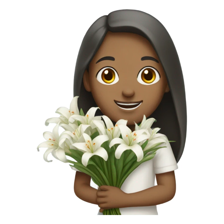 a blind girl holding a bunch of white lily smiling sticker