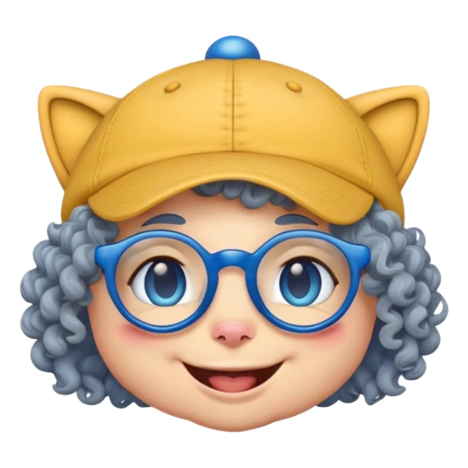 yellow female smiley face emoji, big smile, winking, wearing a backwards blue ball cap, grey curly hair, cat eye glasses, no eye colo sticker