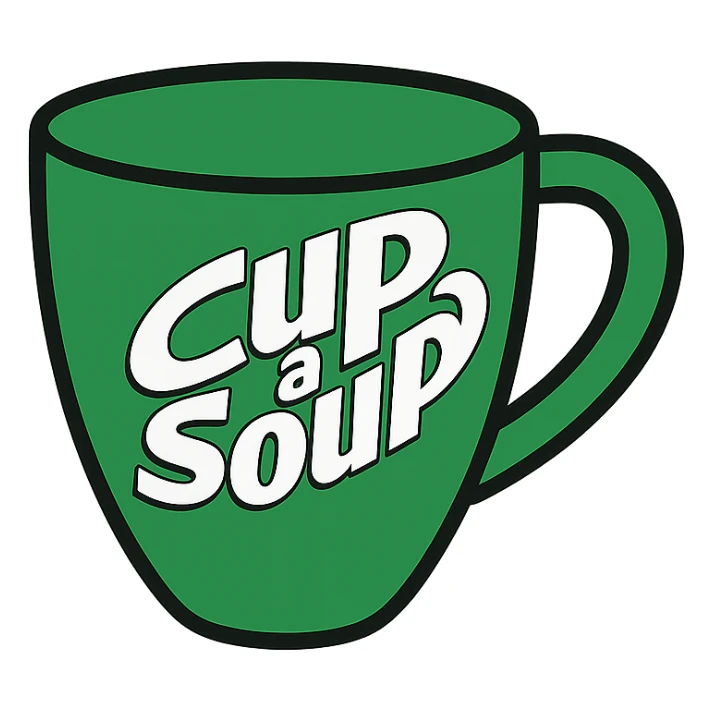green cup with Cup A Soup logo, clear branding, simple background, icon style sticker