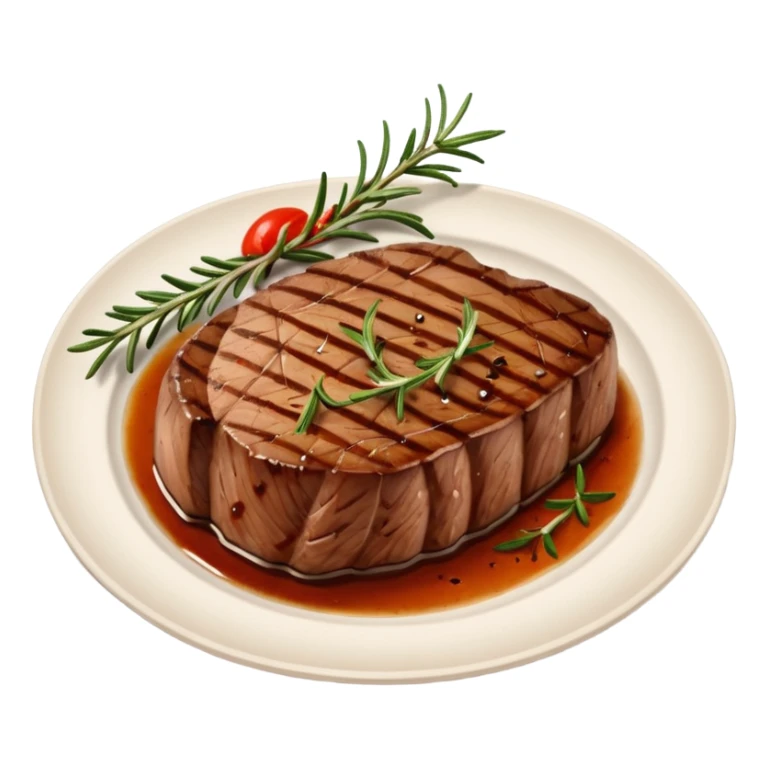 Draw a grilled steak on a plate with grill marks & rosemary garnish. sticker