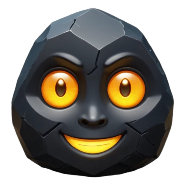 Single black obsidian rock character, thick and heavy with sharp facets and subtle reflections, carved cute face with glowing round eyes and a small smile, 3D render, high detail, soft backlighting, isolated on a plain dark background. sticker