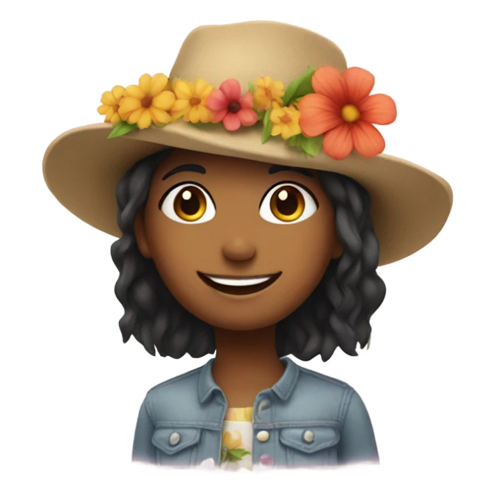 smiling girl with hat and flower sticker