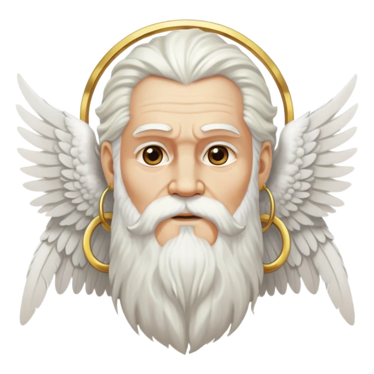Zeus-like deity with large white feathered wings, long white hair and beard, wise expression, gold hoop earrings hanging from ears sticker