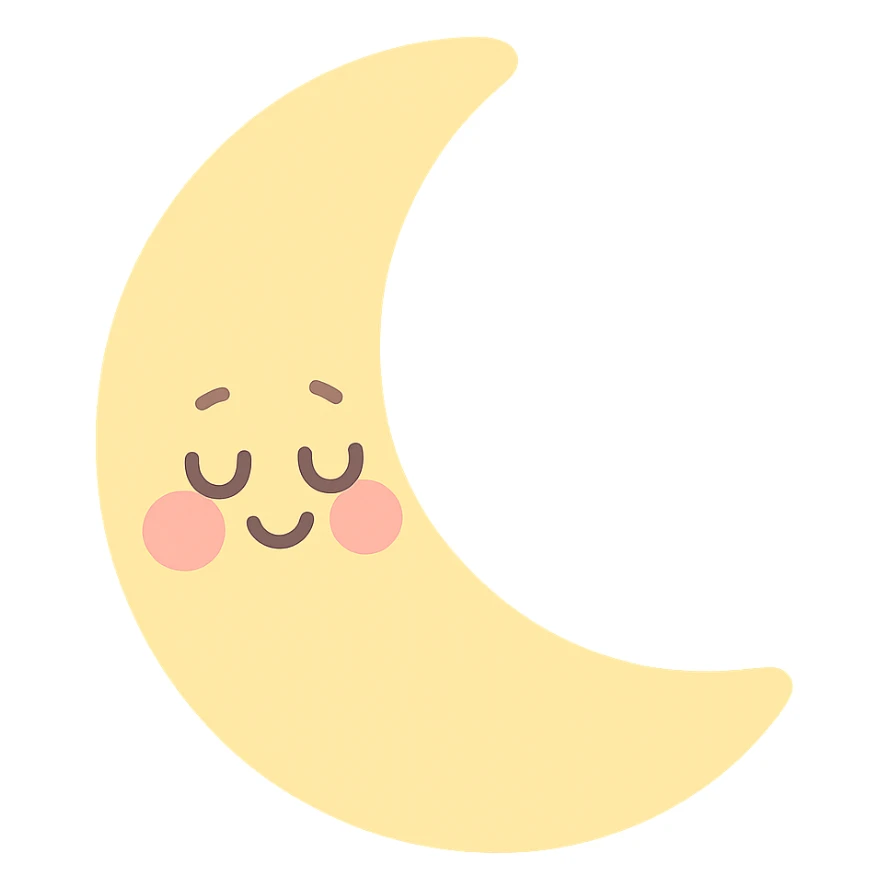 soft pastel sleepy yellow crescent moon with gentle smile and blushing cheeks, no arms, no legs, full body, soft pastel kawaii style sticker