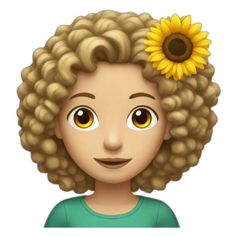 White woman with curly hair holding a sunflower sticker