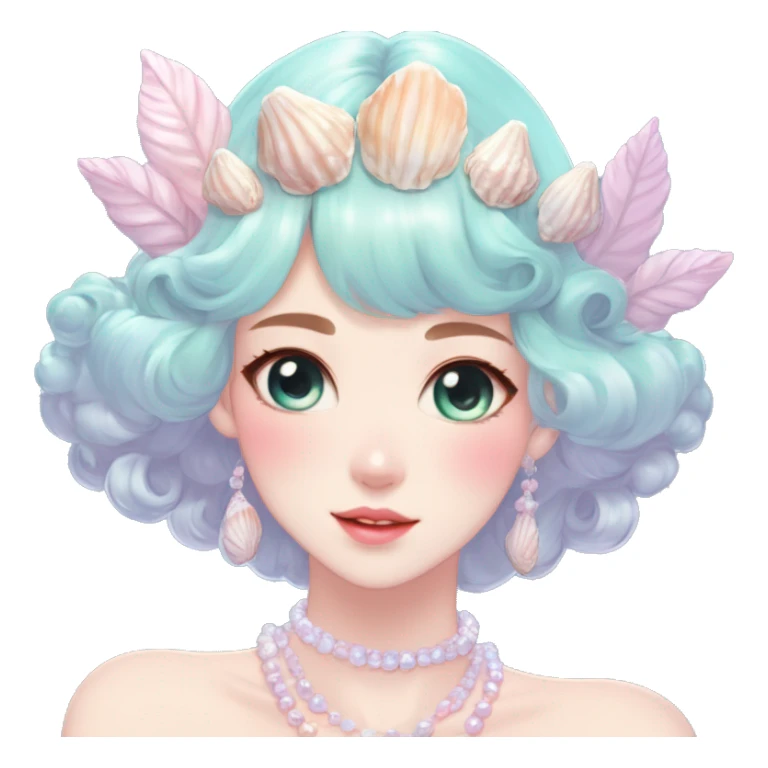 Gorgeous pastel anime style lady with blushing face and seashells tiara pearls dress necklace cottagecore fairycore pastelcore colorful pearly romantic simplistic aesthetic trending style sticker