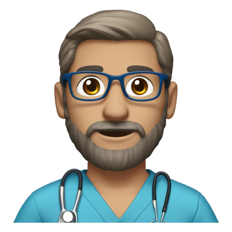 male dark blond haired doctor in scrub cap with grey van dyke beard with hazel eyes and small wire-rimmed glasses in blue scrubs holding a large paintbrush sticker