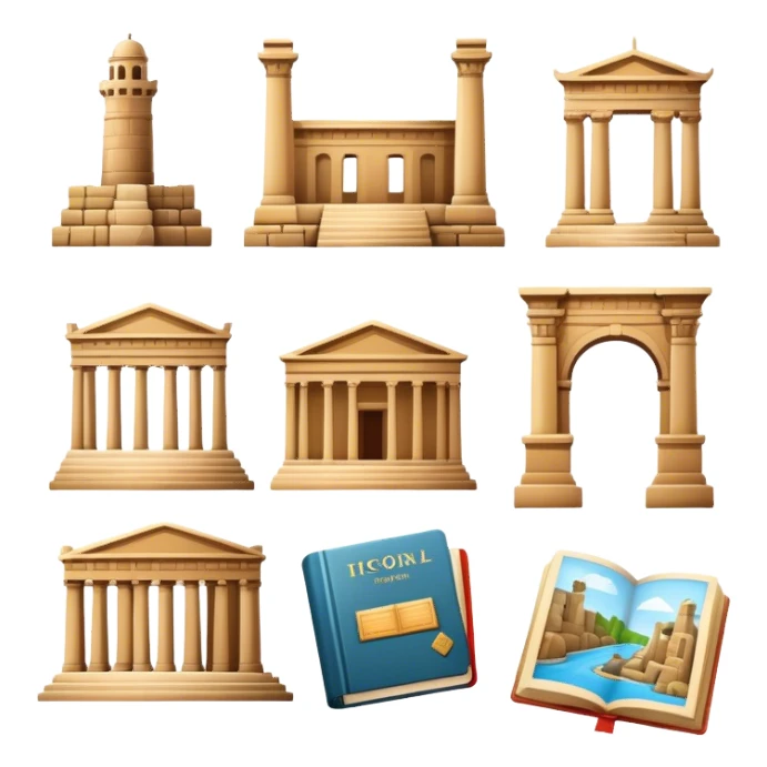 Icon for Historical and Cultural Tourism: iconic landmarks like ancient ruins, a museum and a historical monument, with a travel guidebook and camera. The icon should capture the exploration of history and culture. Transparent background. sticker