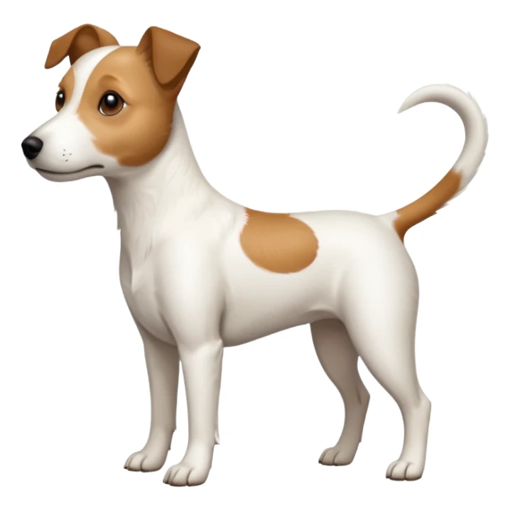 a full body white jack russel looking dog the size of a kelpie with light brown ears and a light brown patch on one eye, flopped down ears and a large snout sticker