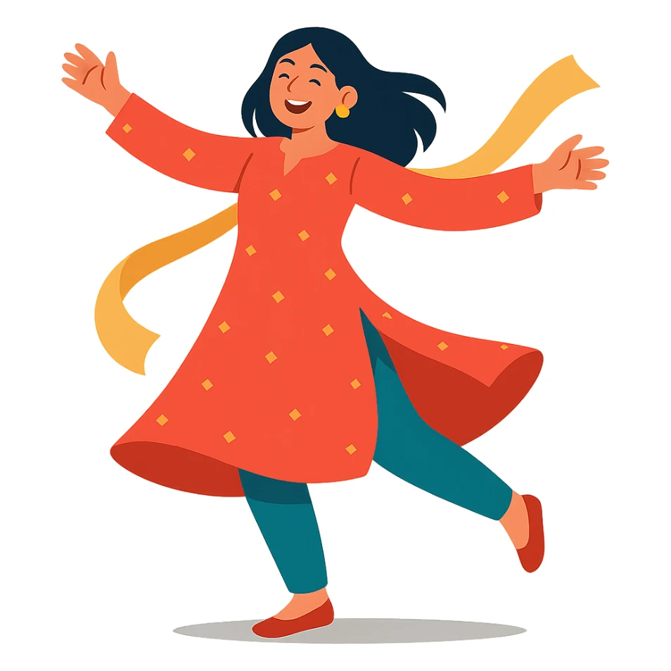 young woman in a kurta twirling, cheerful and dynamic sticker