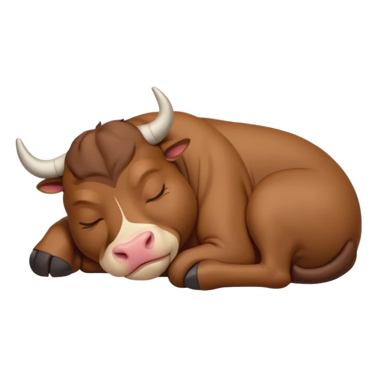 meme-worthy-cute-sleeping-domestic-bull-portrait-emoji,-head-resting-peacefully-with-a-contented-smile,-showcasing-a-robust,-muscular-build-and-a-luxuriously-soft-coat,-eyes-gently-closed-in-serene,-restful-slumber,-simplified,-solid-brown sticker