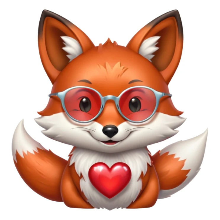 A dreamy fox with iridescent fur, a glowing tail, a silver star on its forehead, and round glasses, hugging a big red heart and smiling warmly sticker