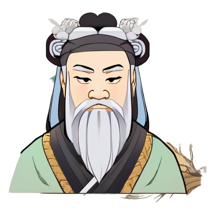 、"Laozi: Ancient Chinese philosopher, Hanfu, topknot, beard, black beard, willow-leaf eyebrows, phoenix eyes, long face, wide face." sticker
