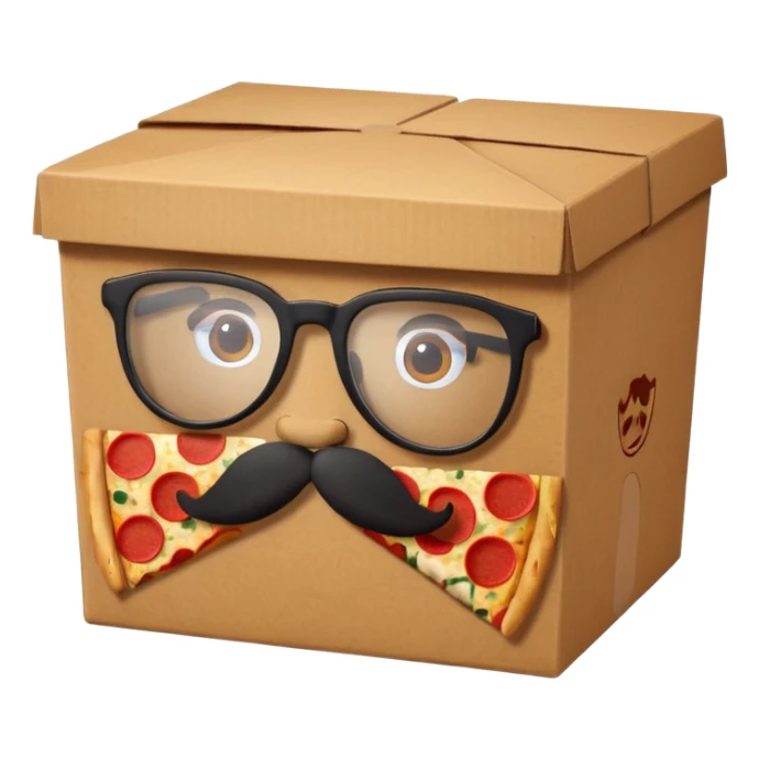 pizza take-out box with glassess and mustache sticker