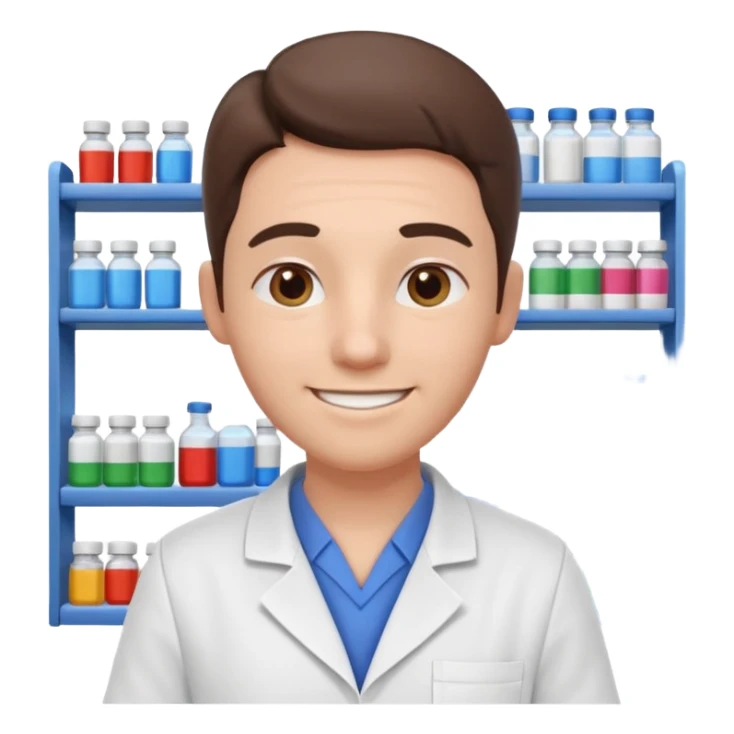 pharmacist portrait, head and shoulders only, wearing a pharmacy apron, casual outfit, friendly smile, retail pharmacy vibe, 3D cartoon, mobile game icon style, clean background, no text, no watermark sticker